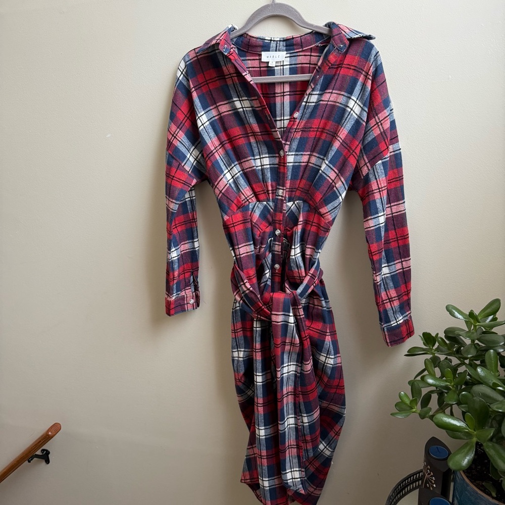 Mable Colette Shirt Button Down Flannel Midi Dress red & blue Size S